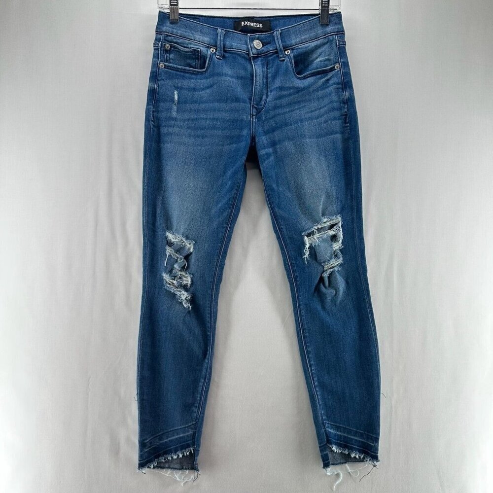 Express Stretch Skinny Jeans Womens Size 2 Legging Mid Rise Distressed Blue